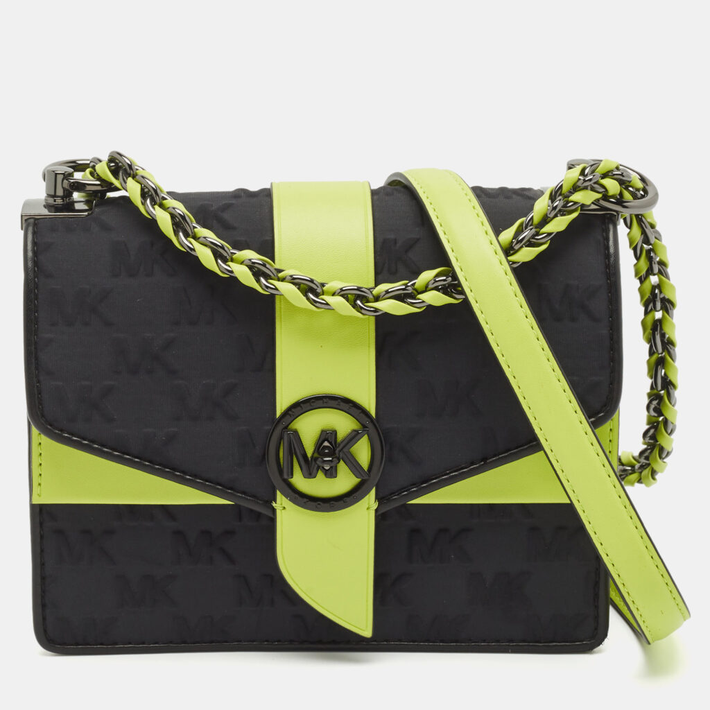 Michael Kors Black/Green Signature Fabric and Leather Small Greenwich Shoulder Bag