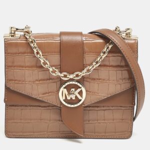 Michael Kors Brown Croc Embossed Leather Small Greenwich Crossbody Bag