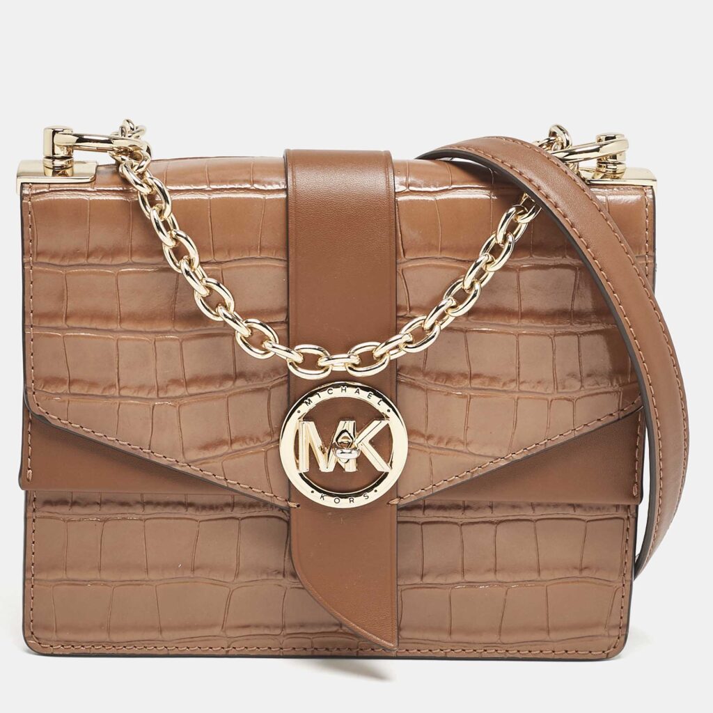 luxury-women-michael-kors-used-handbags-p1144950-012 Michael Kors Brown Croc Embossed Leather Small Greenwich Crossbody Bag