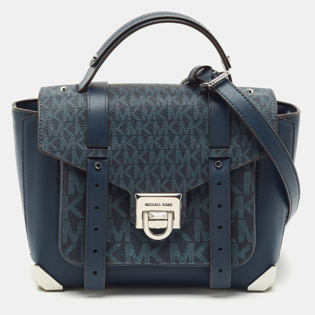 luxury-women-michael-kors-used-handbags-p1148483-004 Michael Kors Navy Blue Signature Coated Canvas Medium Manhattan Top Handle Bag