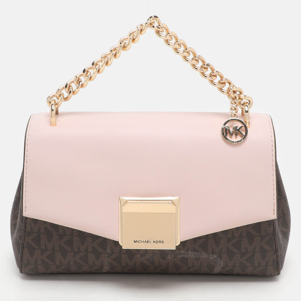 luxury-women-michael-kors-used-handbags-p1158745-005 Michael Kors Brown/Pink Signature Coated Canvas And Leather Small Lita Crossbody Bag