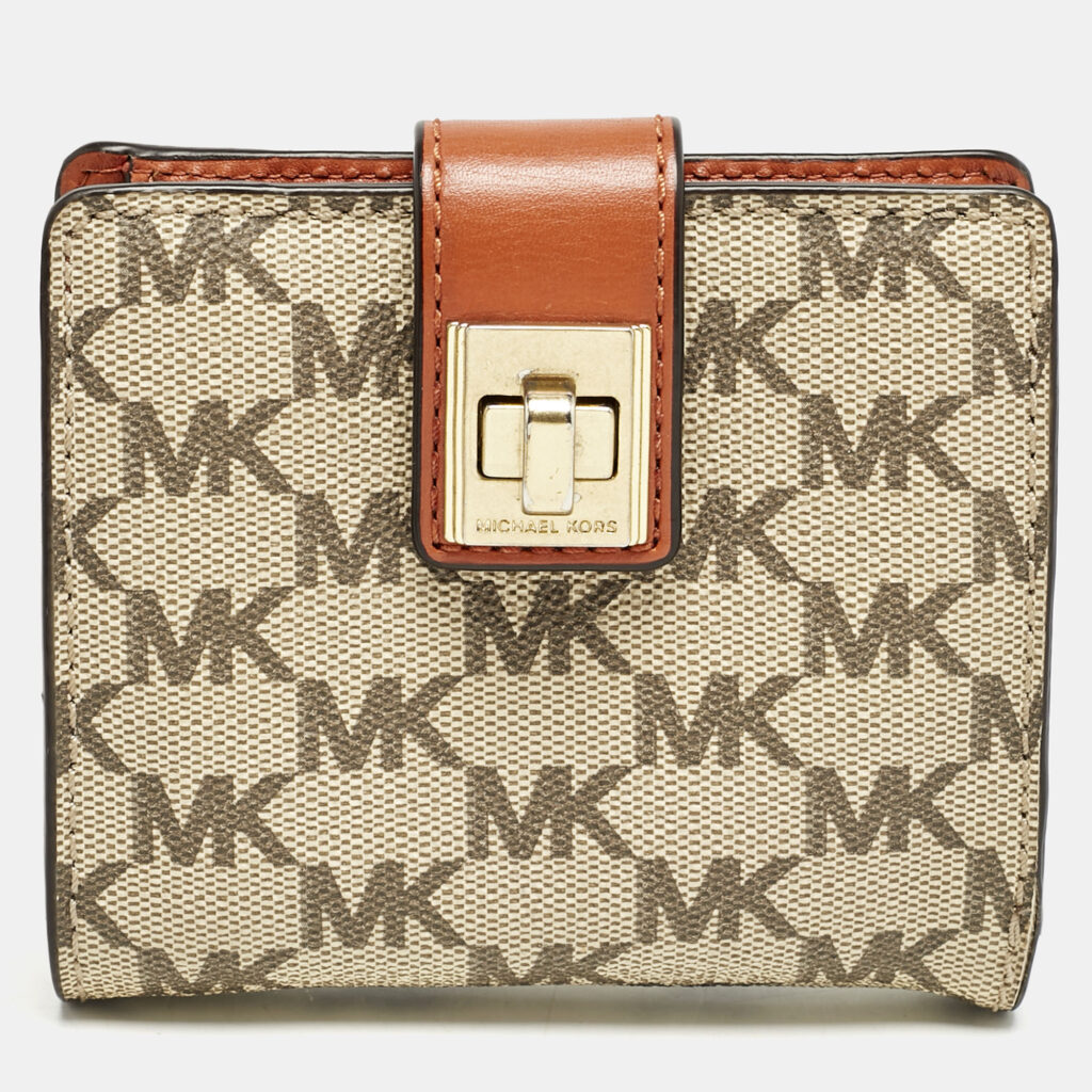 luxury-women-michael-kors-used-handbags-p1158998-001 Michael Kors Beige/Orange Signature Coated Canvas Natalie Heritage Compact Wallet