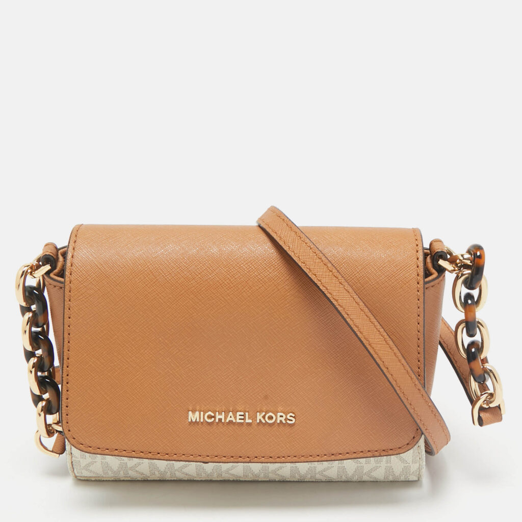 luxury-women-michael-kors-used-handbags-p1160135-011 Michael Kors Brown/Vanilla Signature Coated Canvas Crossbody Bag