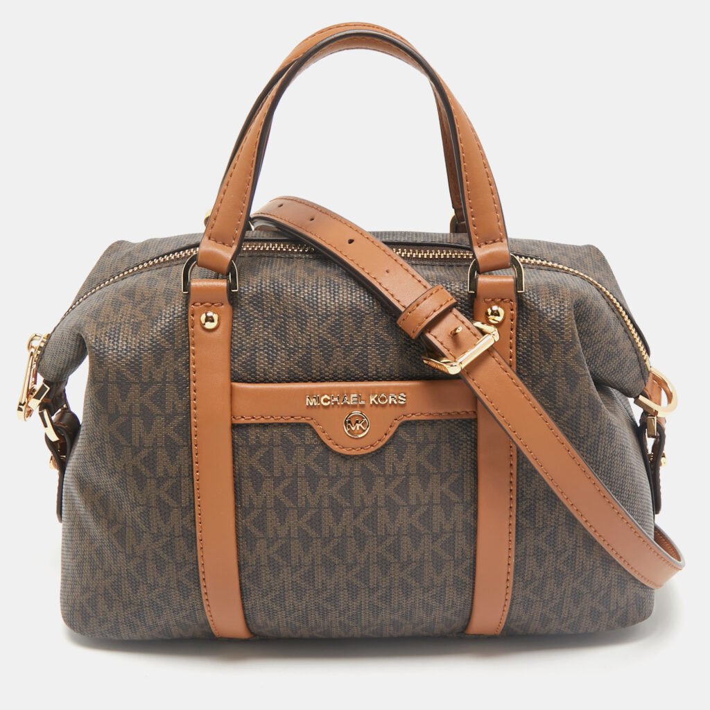 luxury-women-michael-kors-used-handbags-p1161325-008.jpg Michael Kors Brown/Tan Signature Coated Canvas and Leather Beck Satchel