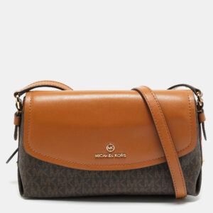 Michael Kors Brown/Tan Signature Coated Canvas and Leather Flap Brooklyn Shoulder Bag