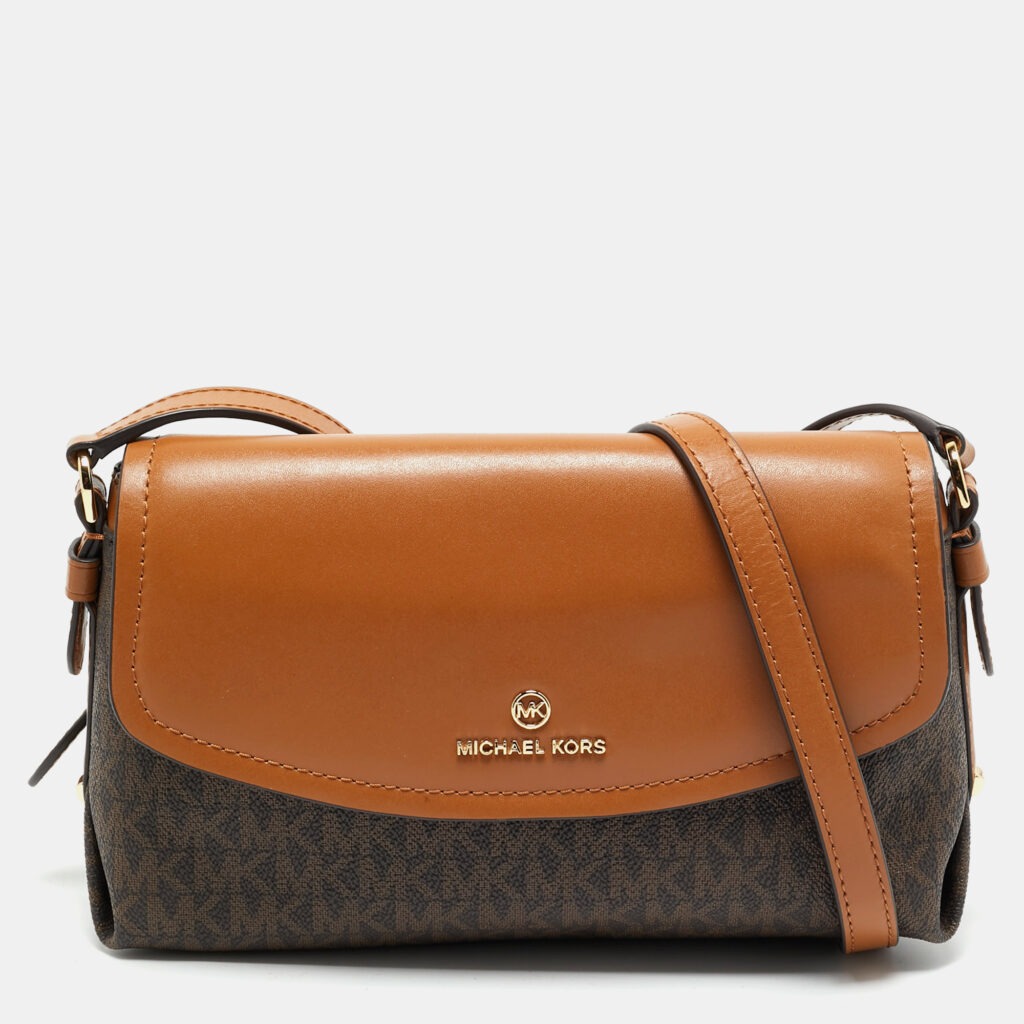 luxury-women-michael-kors-used-handbags-p1165825-011 Michael Kors Brown/Tan Signature Coated Canvas and Leather Flap Brooklyn Shoulder Bag