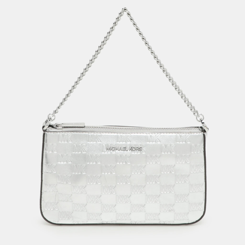 Michael Kors Silver Logo Embossed Leather Jet Set Medium Crossbody Bag