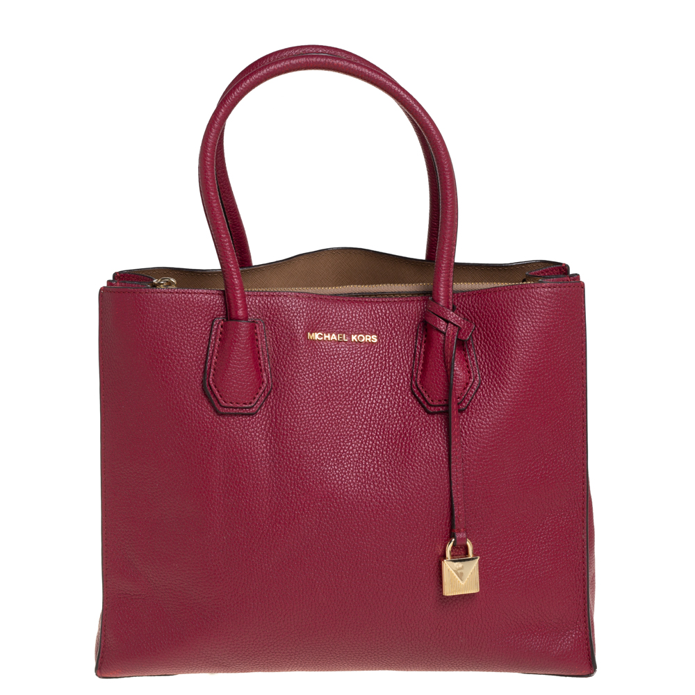 luxury-women-michael-kors-used-handbags-p413787-006 Michael Kors Burgundy Grained Leather Large Mercer Tote