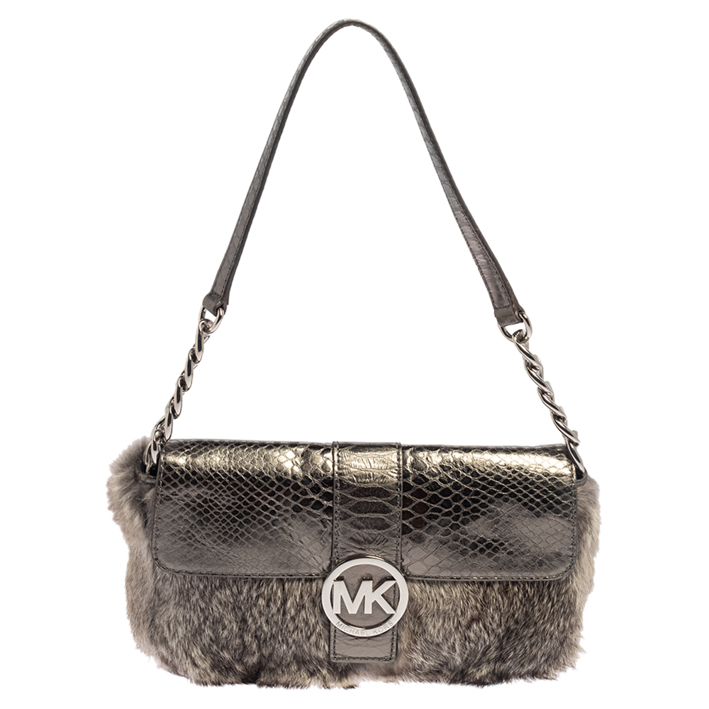 luxury-women-michael-kors-used-handbags-p433666-004 Michael Kors Metallic Grey Python Embossed Leather and Rabbit Fur Fulton Baguette