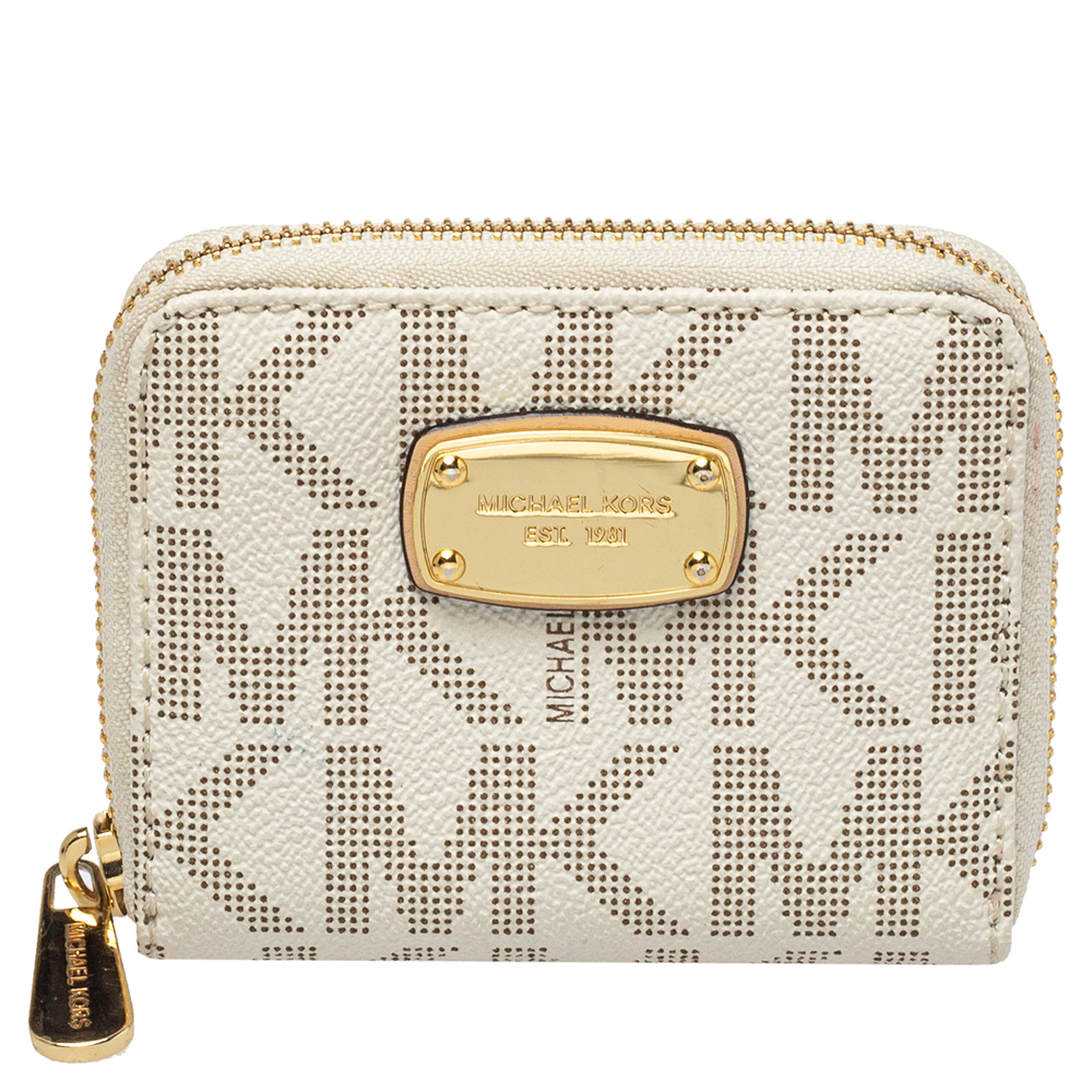 luxury-women-michael-kors-used-handbags-p450739-010 Michael Kors White Signature Coated Canvas Zip Around Compact Wallet