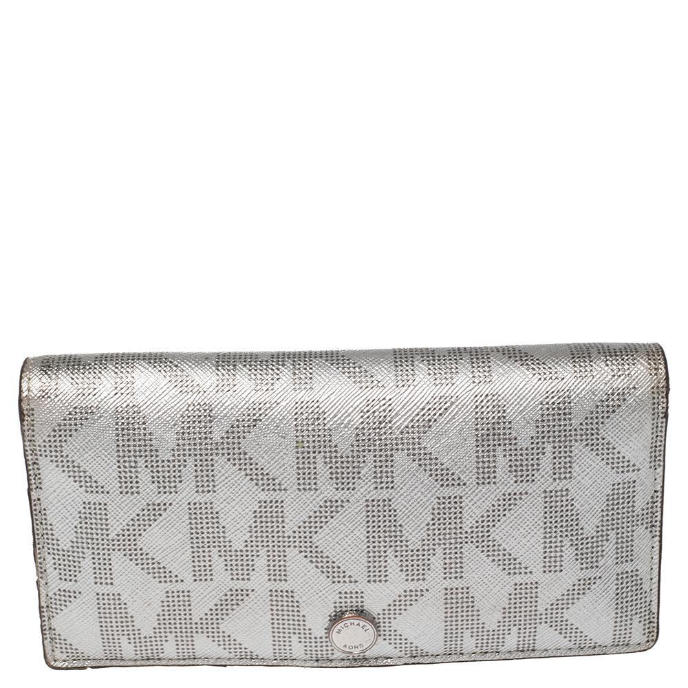 luxury-women-michael-kors-used-handbags-p462798-001 Michael Kors Metallic Silver Signature Coated Canvas Bifold Wallet