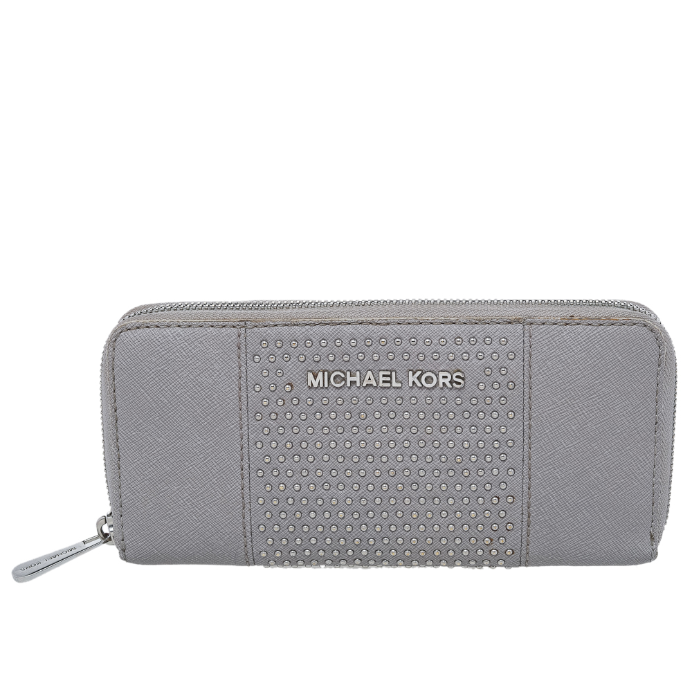 luxury-women-michael-kors-used-handbags-p479990-002 Michael Kors Grey Saffiano Leather Micro Stud Travel Zip Around Wallet