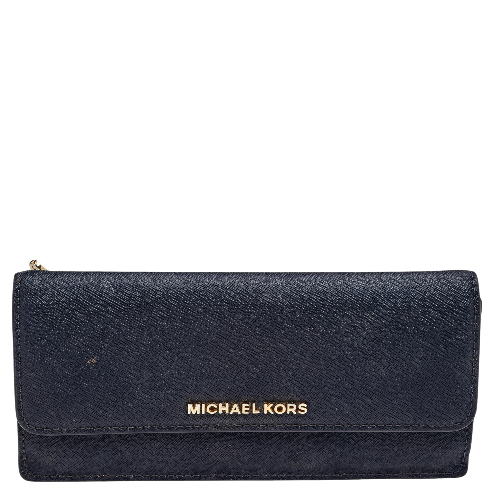 luxury-women-michael-kors-used-handbags-p550115-004-2 Michael Kors Navy Blue Saffiano Leather Jet Set Travel Flat Wallet