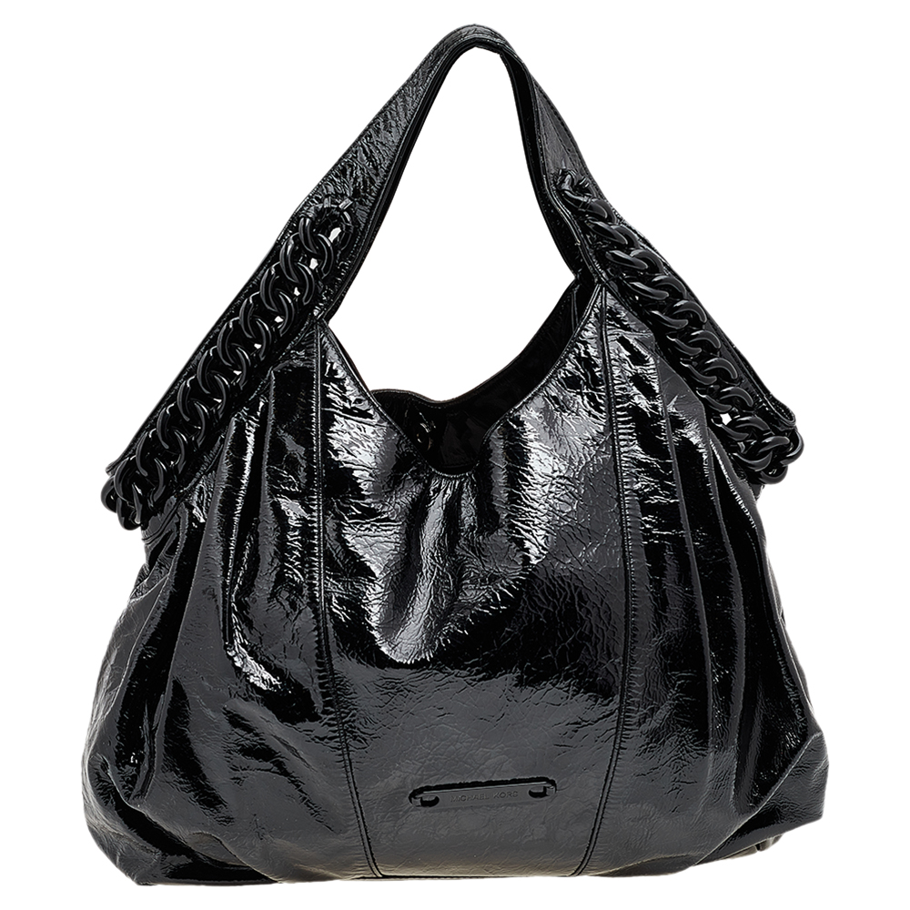 luxury-women-michael-kors-used-handbags-p563251-008-2 Michael Kors Black Patent Leather Chain Hobo