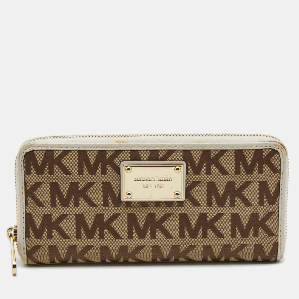 luxury-women-michael-kors-used-handbags-p663982-001-1 Michael Kors Beige/White Signature Canvas and Leather Zip Around Wallet