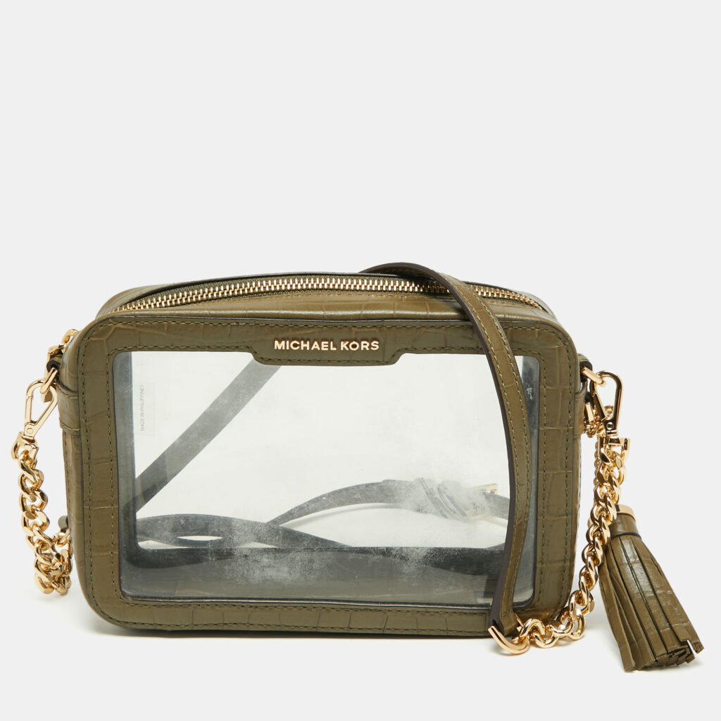 luxury-women-michael-kors-used-handbags-p669624-003-1 Michael Kors Green PVC and Croc Embossed Ginny Crossbody Bag