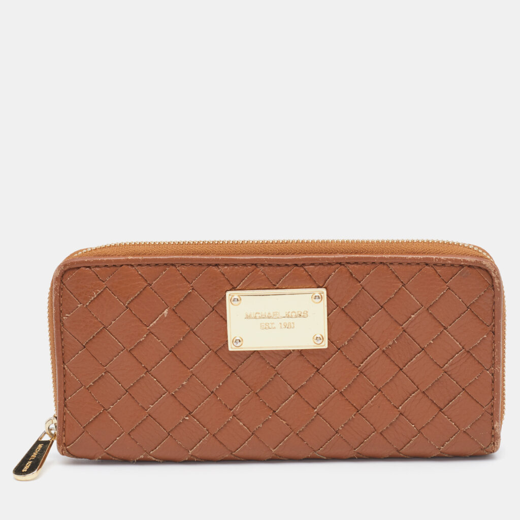 luxury-women-michael-kors-used-handbags-p671125-004-1 Michael Kors Tan Leather Woven Zip Around Wallet