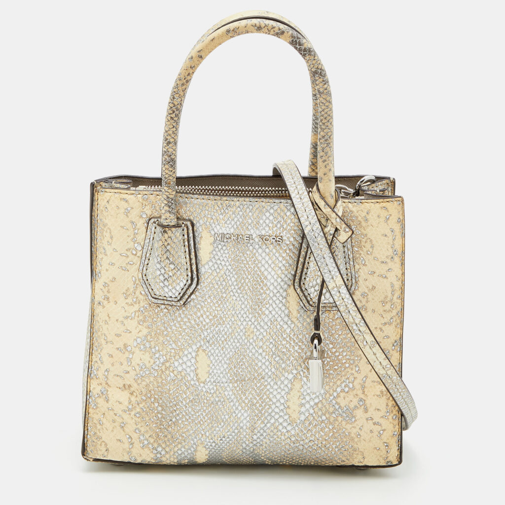luxury-women-michael-kors-used-handbags-p775080-012 Michael Kors Beige/Gold Python Embossed Leather Small Mercer Tote