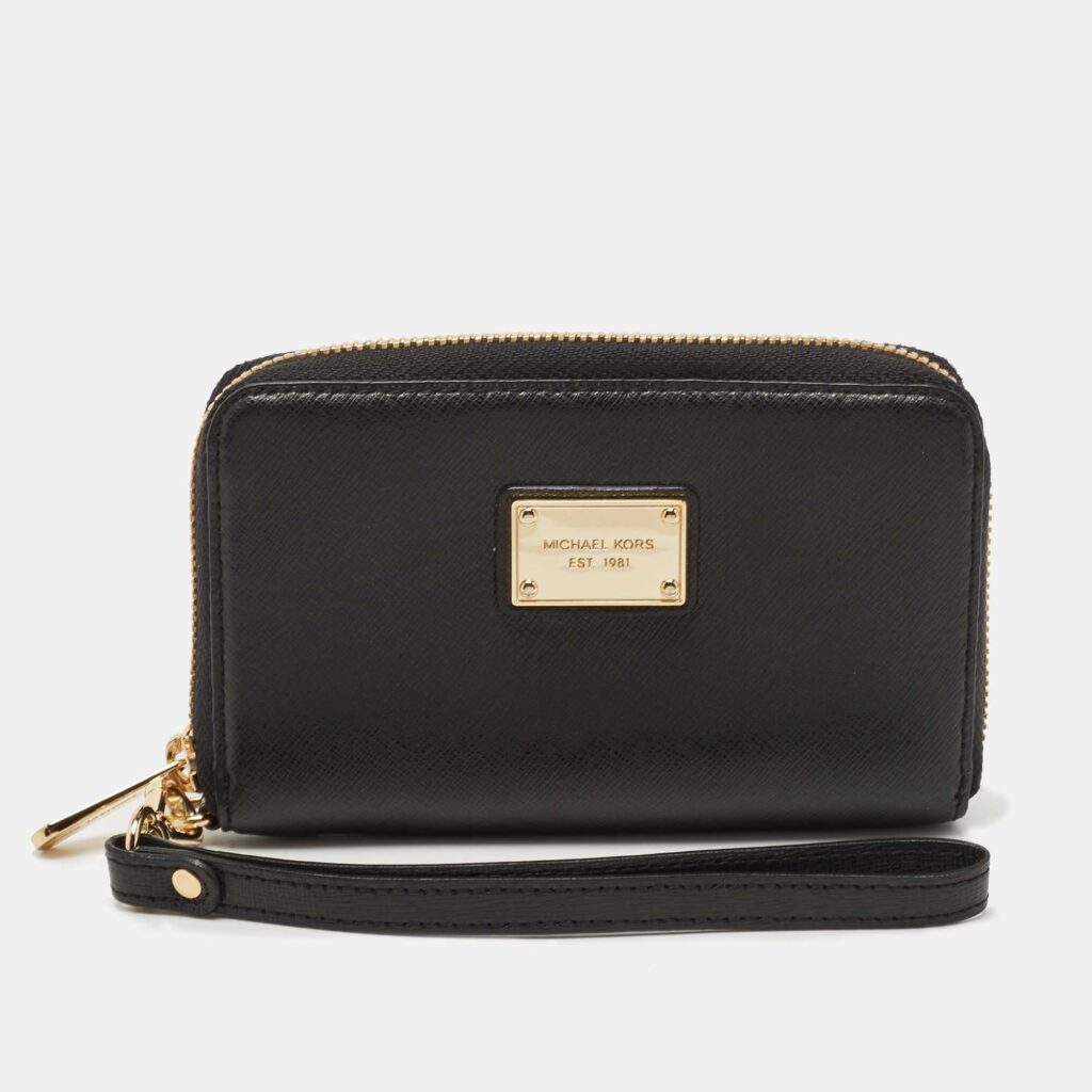 luxury-women-michael-kors-used-handbags-p797122-004 Michael Kors Black Saffiano Leather Jet Set Compact Wristlet Wallet