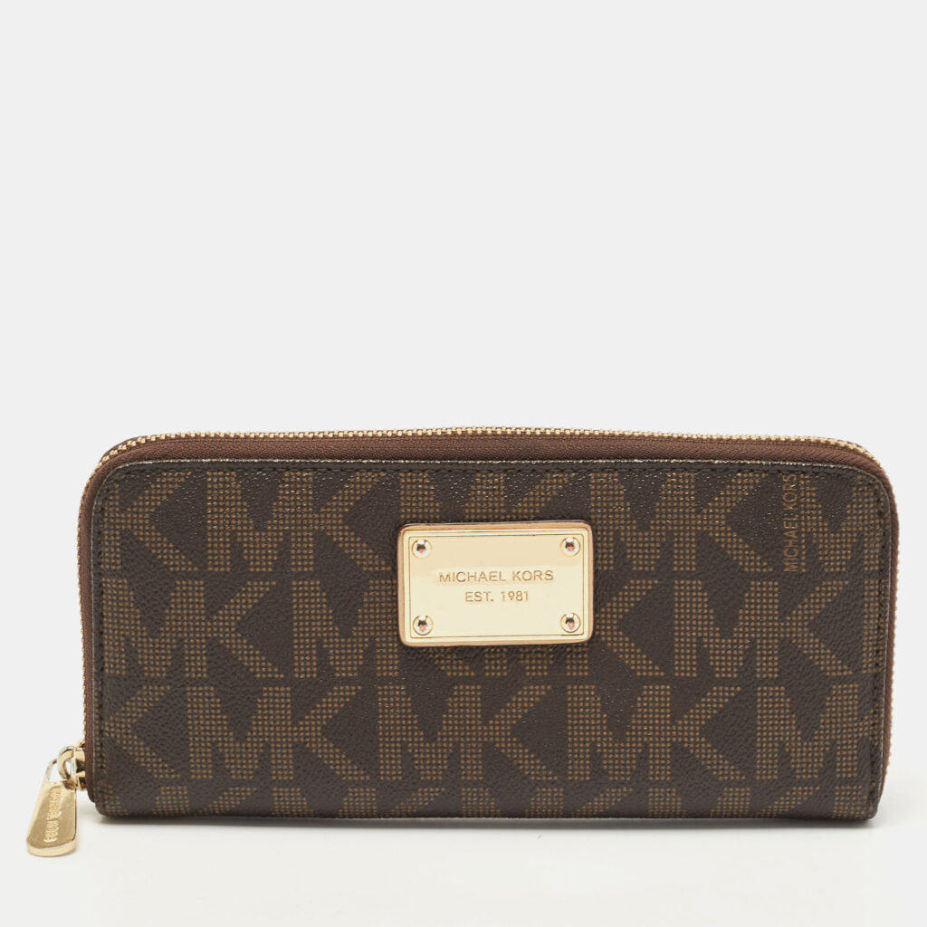 luxury-women-michael-kors-used-handbags-p819043-011 Michael Kors Dark Brown Monogram Coated Canvas Zip Around Wallet