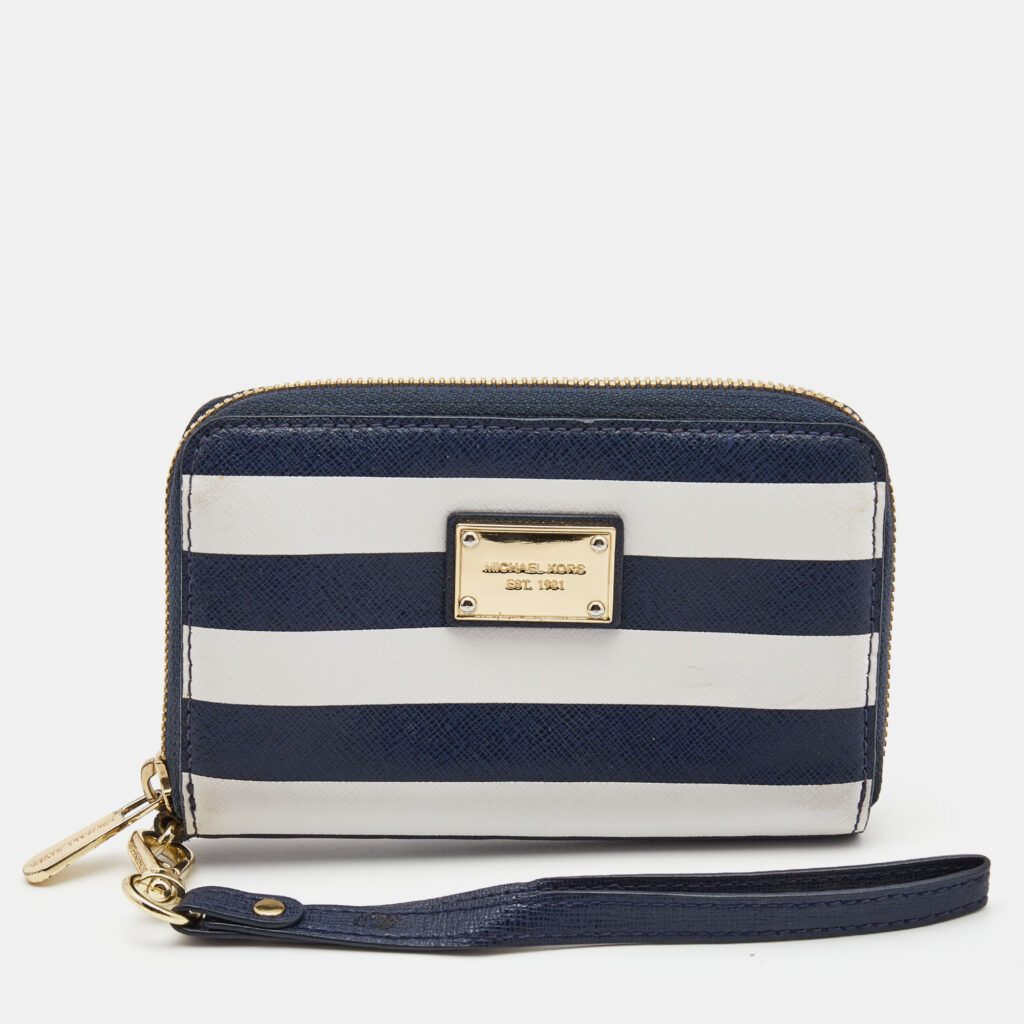 luxury-women-michael-kors-used-handbags-p833041-011 Michael Kors Blue/White Leather Striped Zip Around Wallet