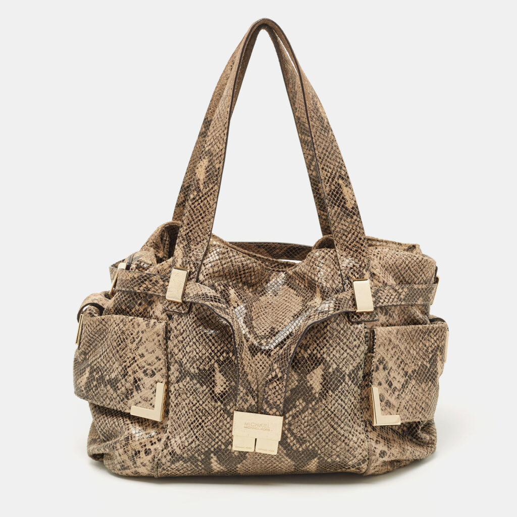 luxury-women-michael-kors-used-handbags-p838411-020 Michael Kors Beige/Black Python Effect Leather Satchel