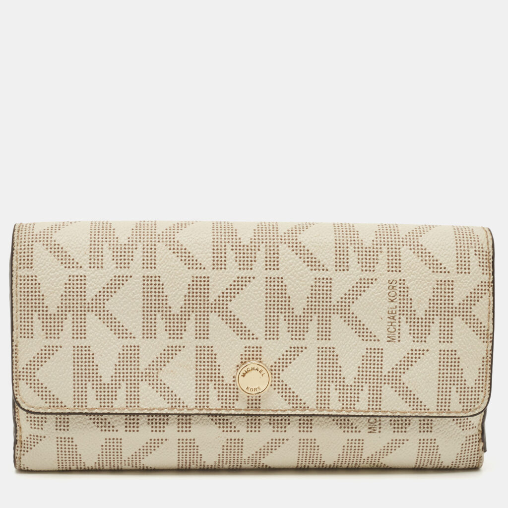 luxury-women-michael-kors-used-handbags-p859716-013 Michael Kors Off White Signature Coated Canvas Flap Continental Wallet