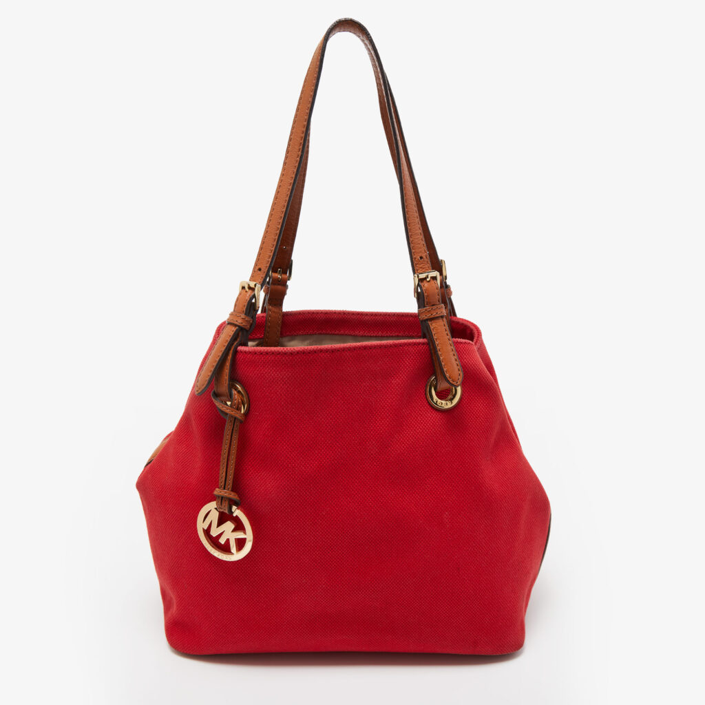 luxury-women-michael-kors-used-handbags-p869315-005 Michael Kors Red/Brown Canvas and Leather Large Raven Shoulder Bag