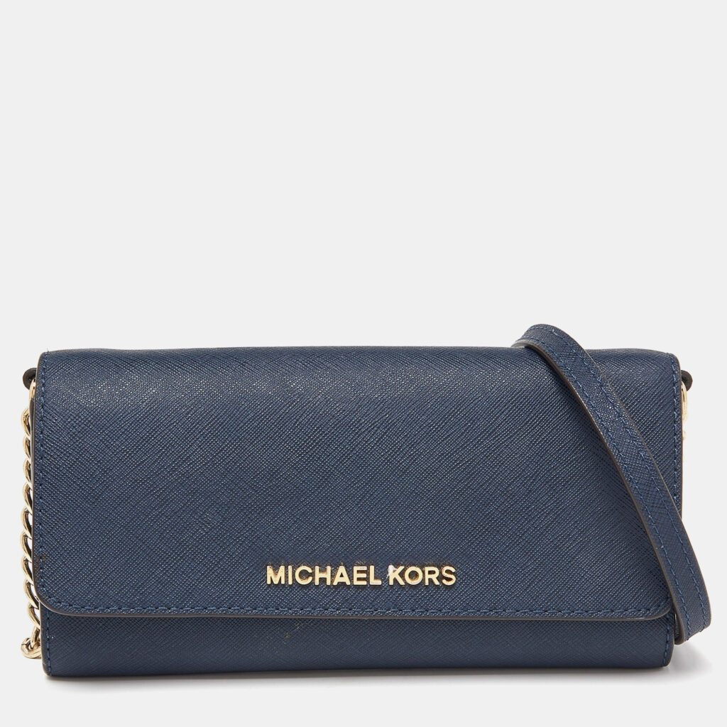 luxury-women-michael-kors-used-handbags-p907518-006 Michael Kors Blue Leather Jet Set Travel Wallet On Chain