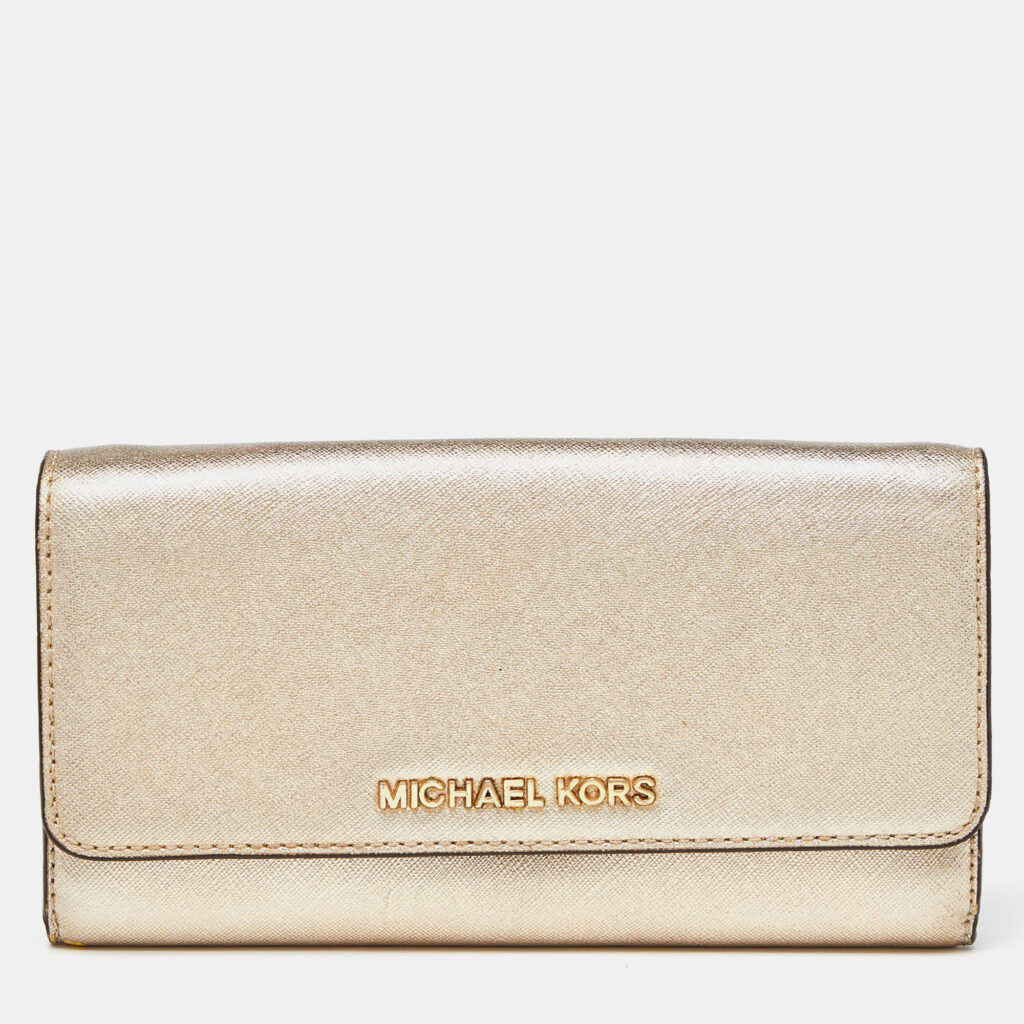 luxury-women-michael-kors-used-handbags-p908465-012 Michael Kors Gold Leather Jet Set Travel Wallet On Chain