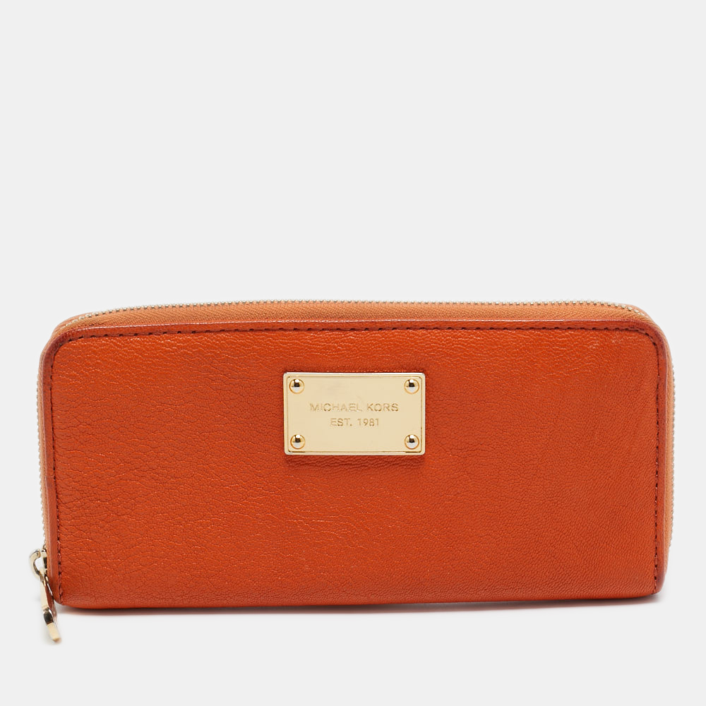 luxury-women-michael-kors-used-handbags-p927242-001 Michael Kors Orange Leather Jet Set Zip Around Wallet