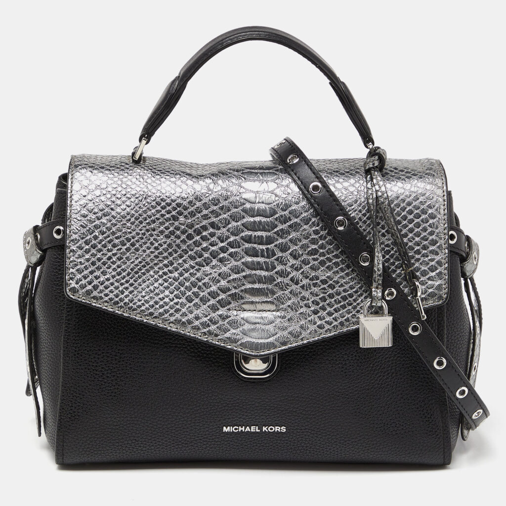 luxury-women-michael-kors-used-handbags-p933210-012 Michael Kors Black/Silver Leather and Snakeskin Embossed Leather Medium Bristol Top Handle Bag