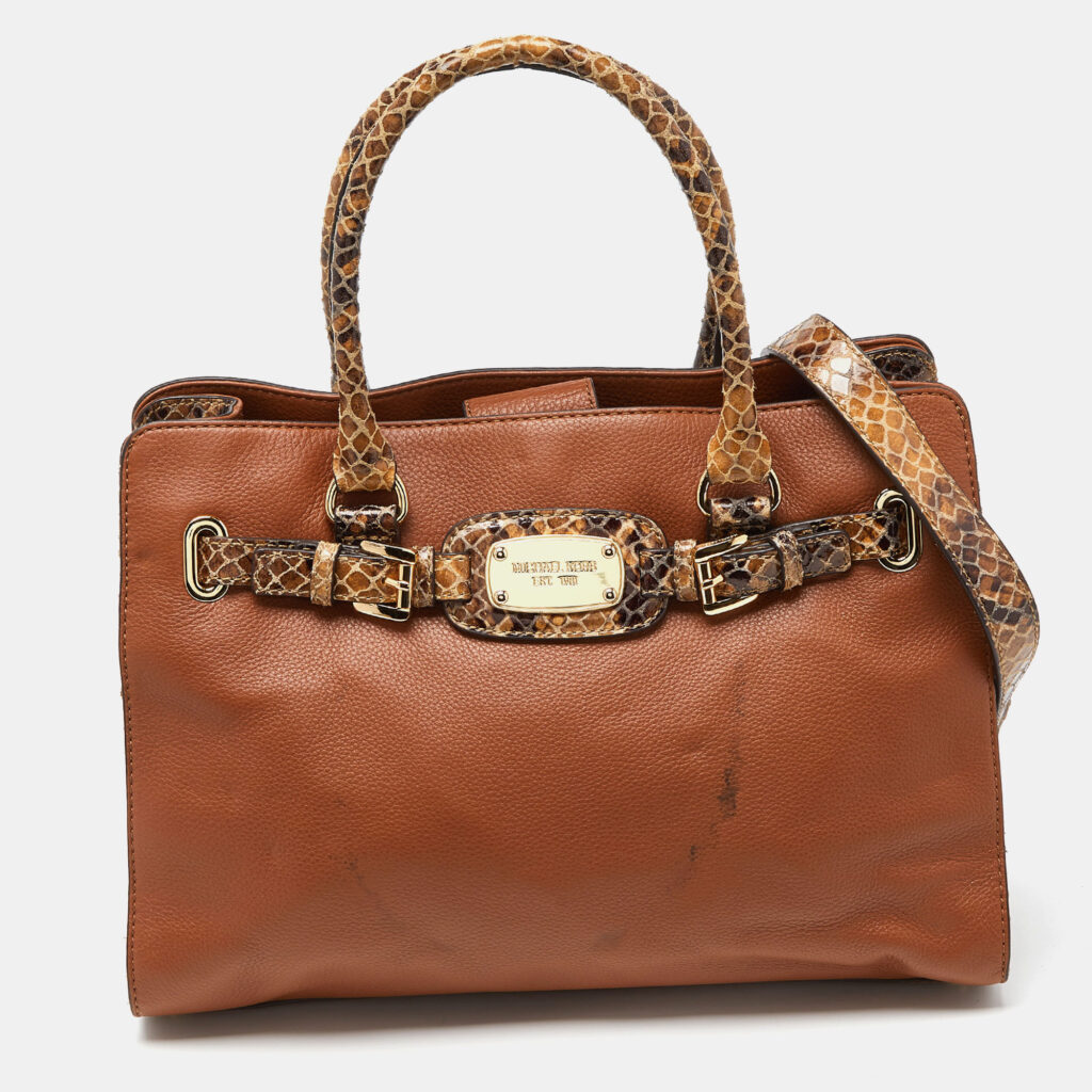 luxury-women-michael-kors-used-handbags-p933456-002 Michael Kors Brown Snakeskin Embossed Leather Hamilton Tote