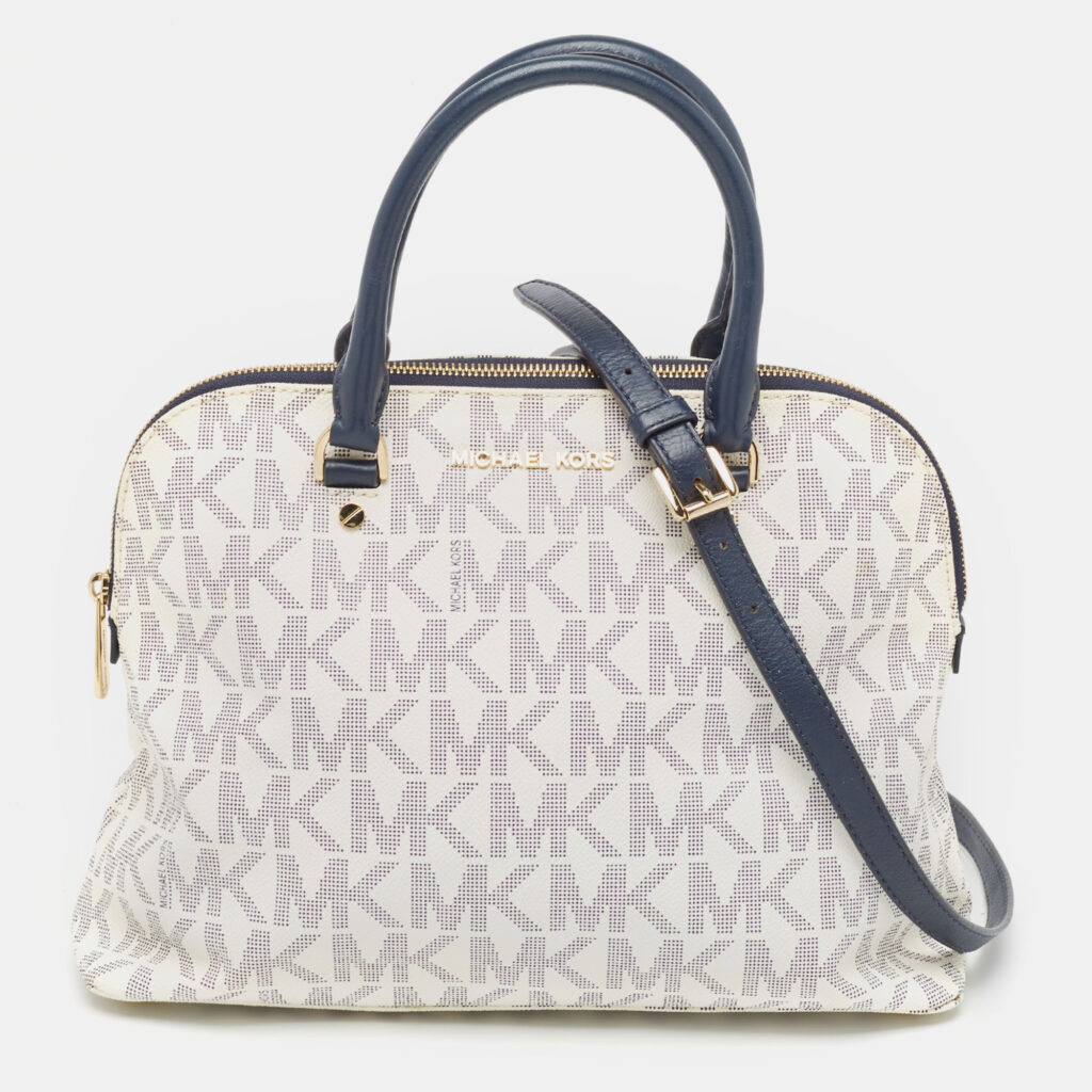luxury-women-michael-kors-used-handbags-p938735-016 Michael Kors Navy Blue/White Signature Coated Canvas and Leather Large Cindy Dome Bag