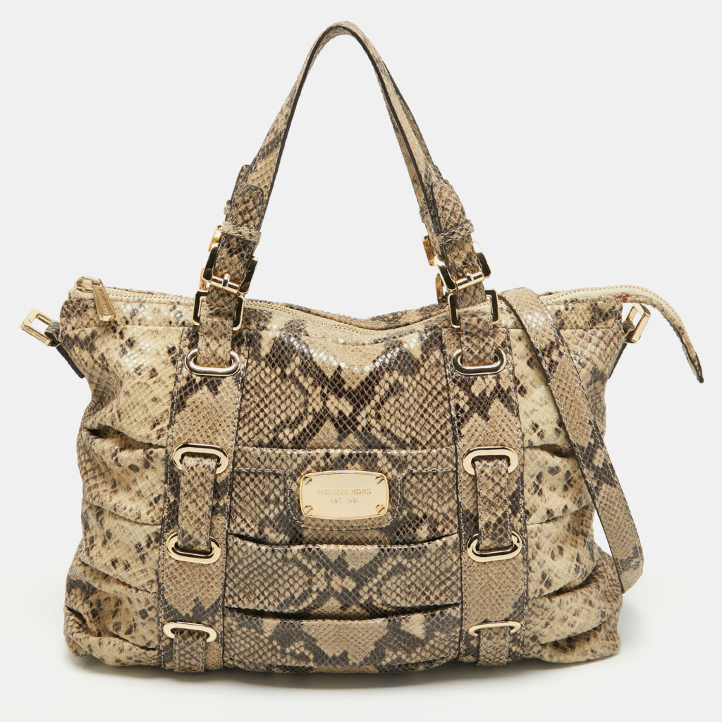 luxury-women-michael-kors-used-handbags-p943240-017 Michael Kors Black/Cream Python Embossed Leather Large Rouched Gansevoort Tote