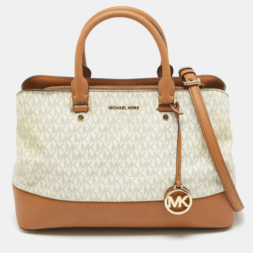 luxury-women-michael-kors-used-handbags-p953434-006 Michael Kors Brown/White Signature Coated Canvas and Leather Savannah Satchel
