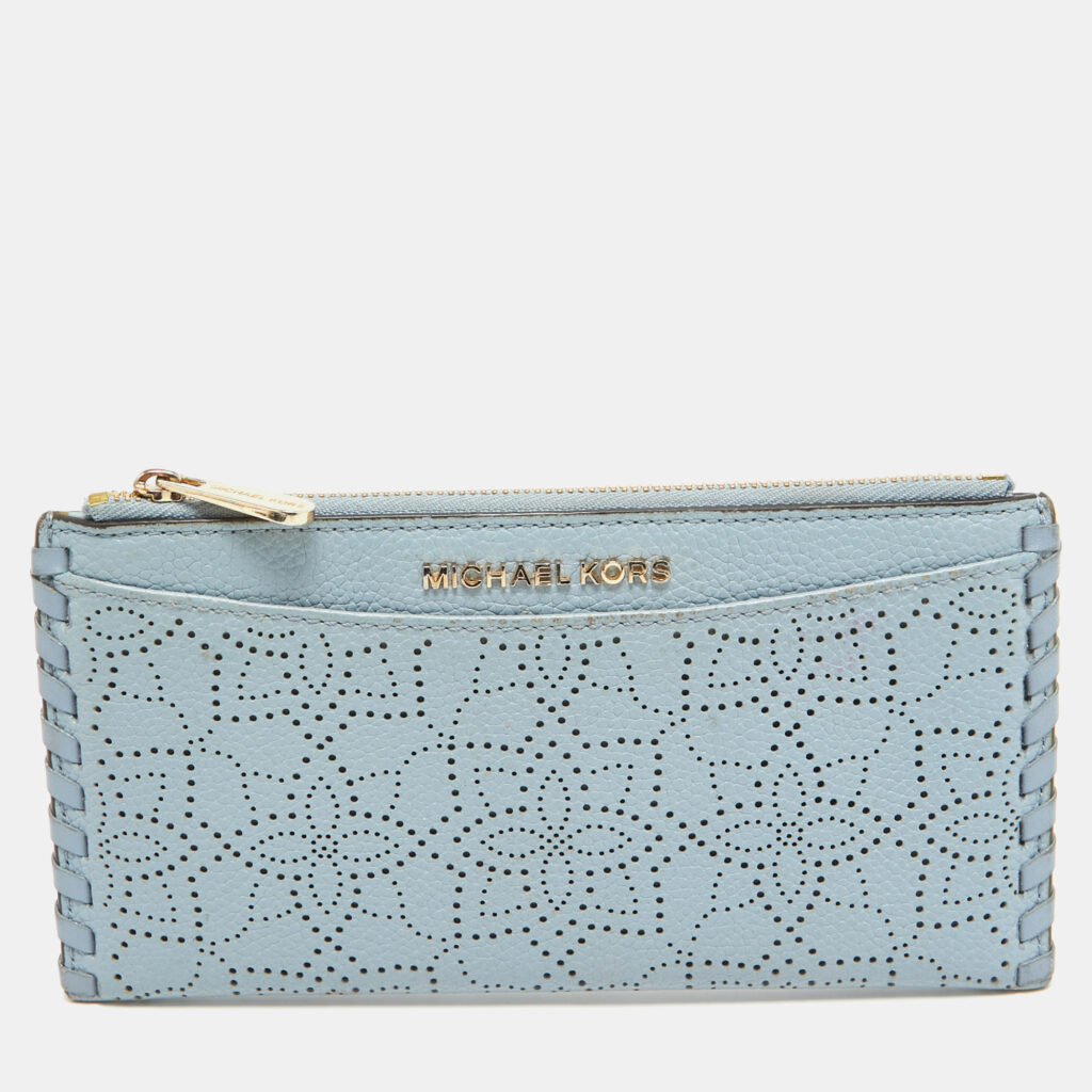 luxury-women-michael-kors-used-handbags-p974593-009 Michael Kors Light Blue Leather Lasercut Karson Slim Card Case