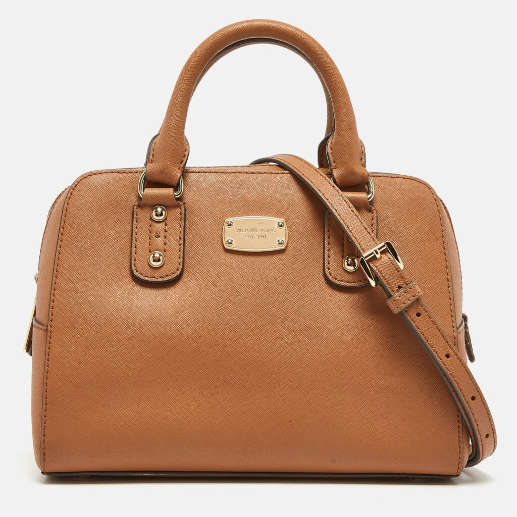 luxury-women-michael-kors-used-handbags-p980581-015 Michael Kors Brown Saffiano Leather Logo Satchel
