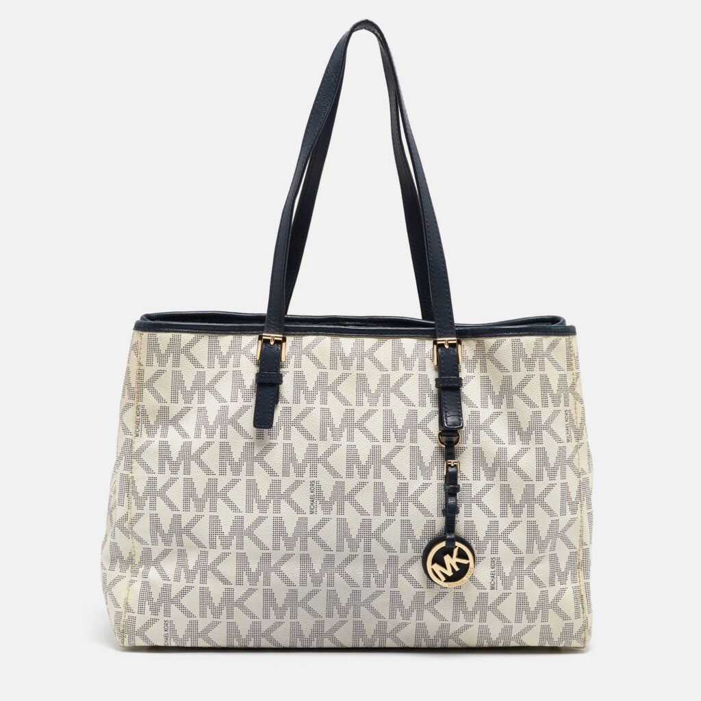 luxury-women-michael-kors-used-handbags-p985126-017 Michael Kors Navy Blue/White Signature Coated Canvas and Leather Jet Set Tote