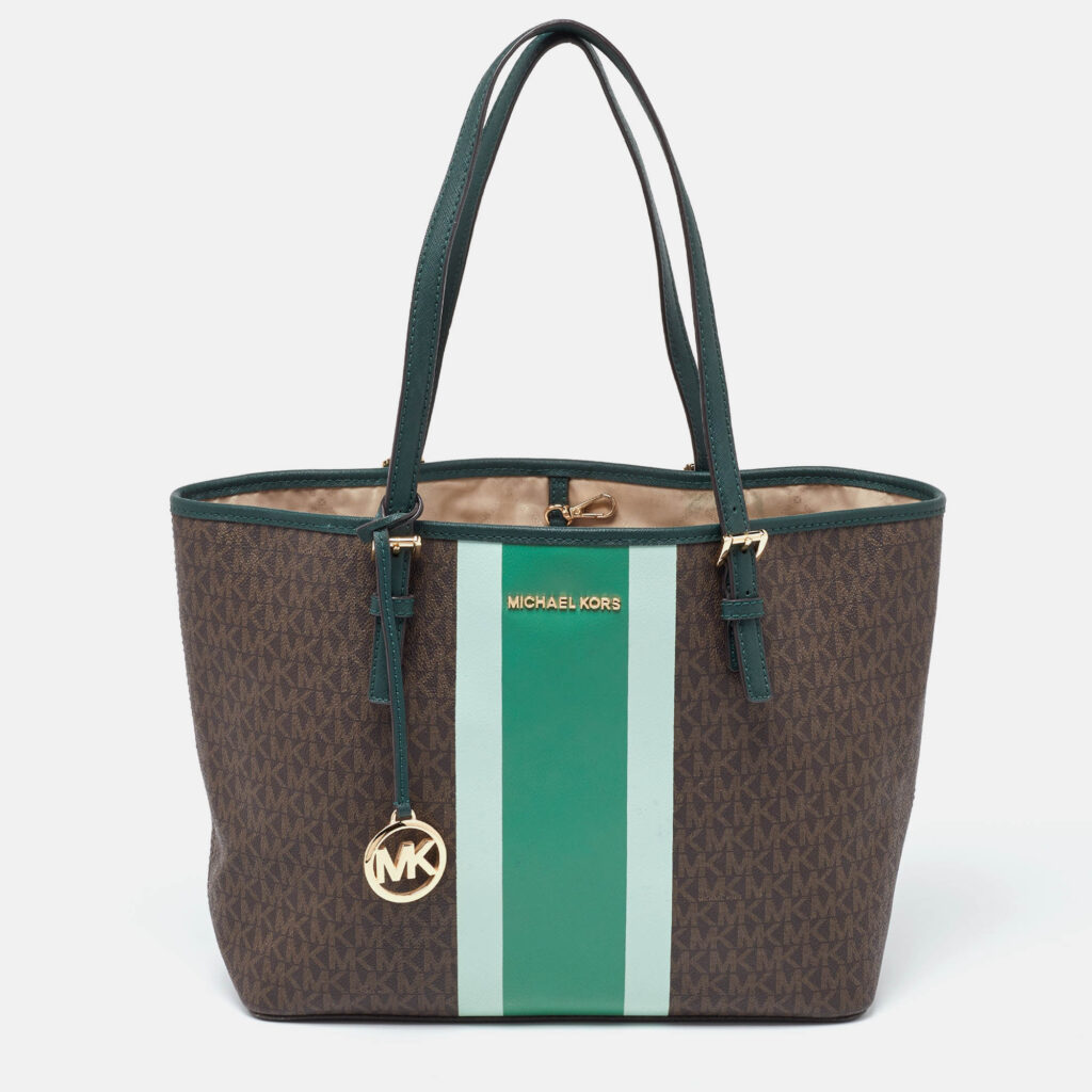 luxury-women-michael-kors-used-handbags-p986663-014 Michael Kors Brown/Green Signature Coated Canvas and Leather Tote