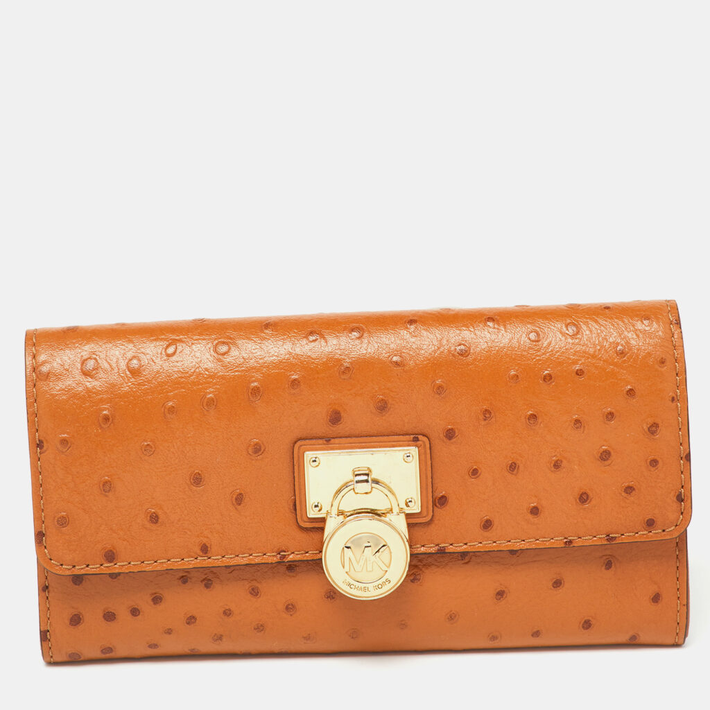 luxury-women-michael-kors-used-handbags-p988916-011 Michael Kors Tan Ostrich Embossed Leather Flap Continental Wallet