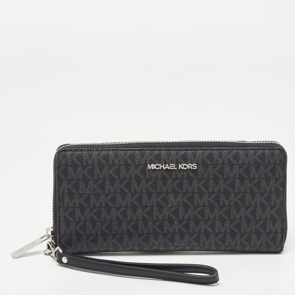 luxury-women-michael-kors-used-handbags-p993058-006 Michael Kors Black/Grey Signature Coated Canvas Zip Around Wallet