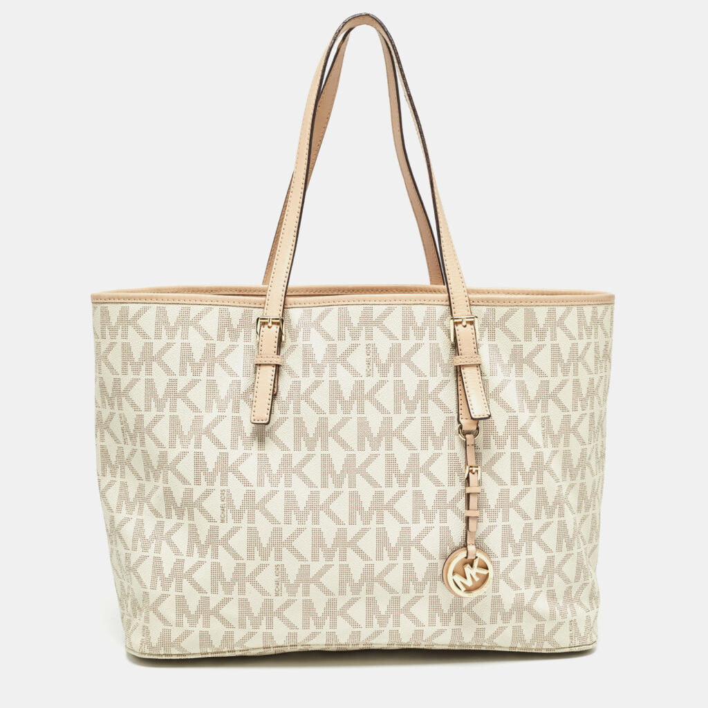 luxury-women-michael-kors-used-handbags-p995797-022 Michael Kors Beige/White Signature Coated Canvas and Leather Jet Set Tote