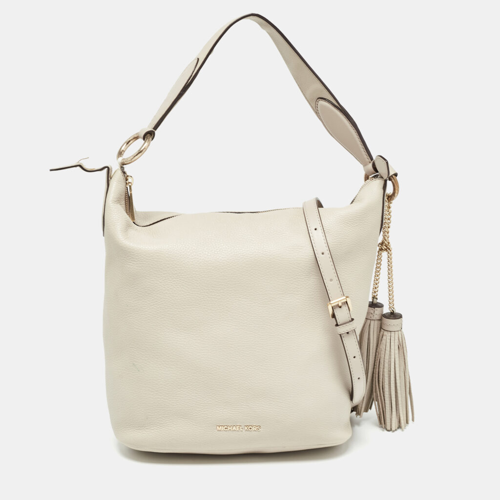 luxury-women-michael-kors-used-handbags-p995803-015 Michael Kors Light Grey Leather Elana Tassel Bucket Bag