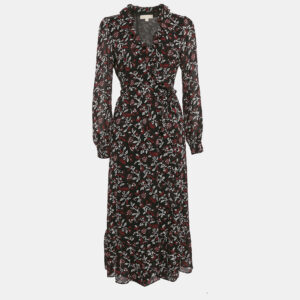 MICHAEL Michael Kors Black Floral Print Crepe Wrap Dress S