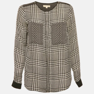 MICHAEL Michael Kors Black  Houndstooth Printed Silk Zip Front Top XS