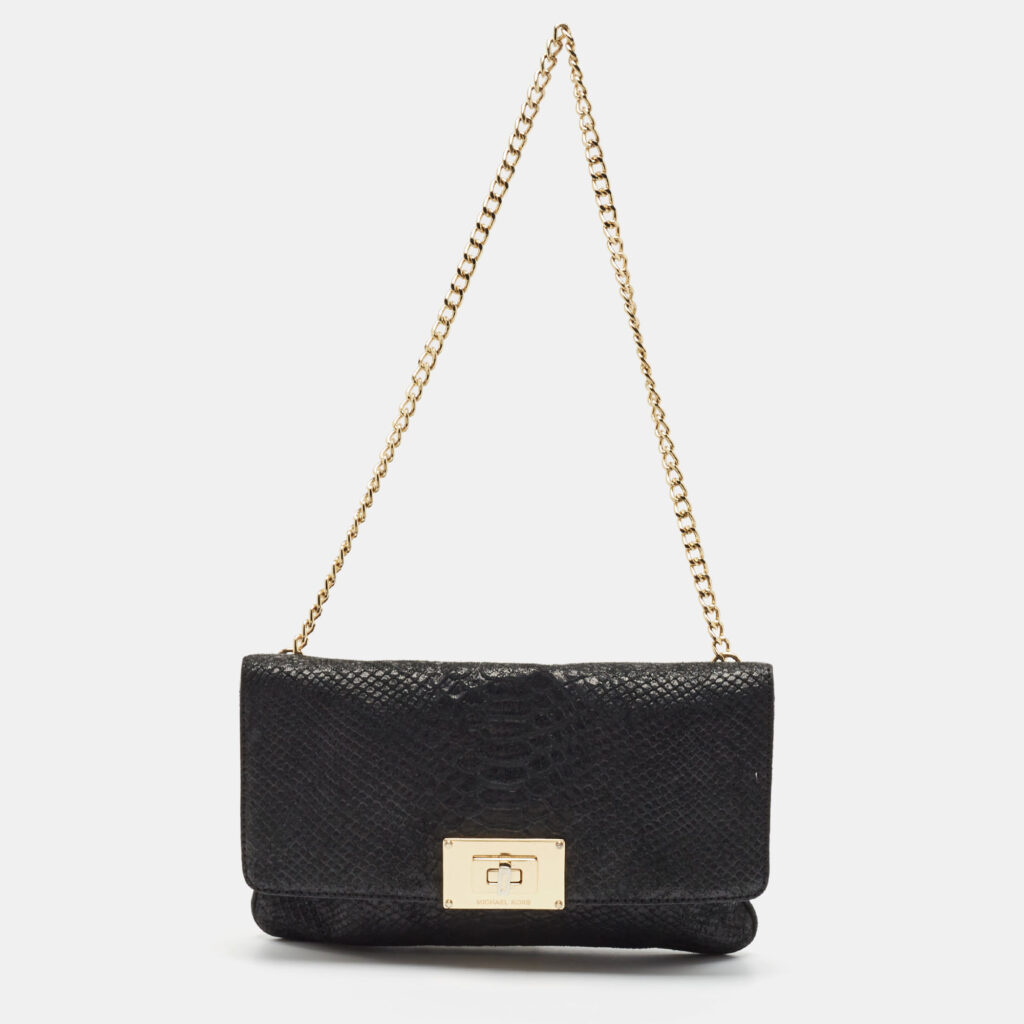 luxury-women-michael-michael-kors-used-handbags-p1045590-013 MICHAEL Michael Kors Black Python Embossed Leather Turnlock Chain Bag