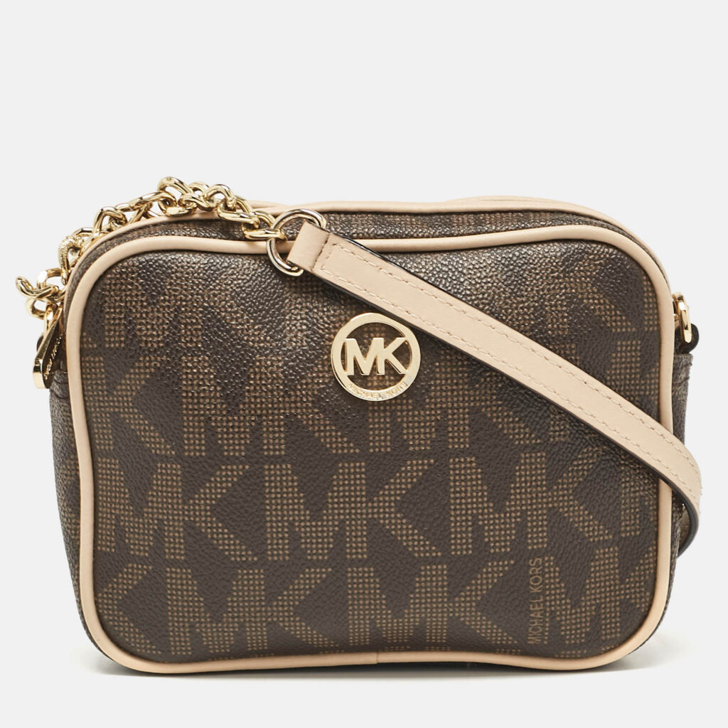 luxury-women-michael-michael-kors-used-handbags-p1056002-009 MICHAEL Michael Kors Beige/Brown Signature Coated Canvas and Leather Mini Camera Crossbody Bag