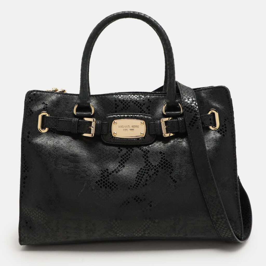 luxury-women-michael-michael-kors-used-handbags-p1077731-014 MICHAEL Michael Kors Black Python Print Leather Large East West Hamilton Tote