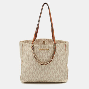MICHAEL Michael Kors White/Brown Signature Coated Canvas and Leather Shopper Tote